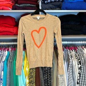 J Crew tan with orange heart long sleeve crew neck sweater size XS